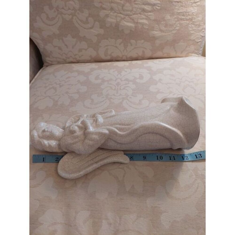 Large Crackle Glaze Ceramic Angel Figurine With Harp And Wings In White - Picture 7 of 9